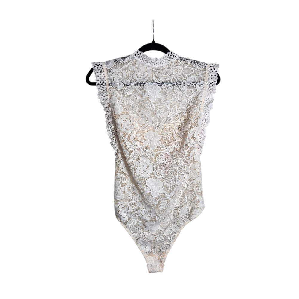 Victorias Secret White Floral Lace Bodysuit Sheer Mesh Back Sleeveless Eyelet